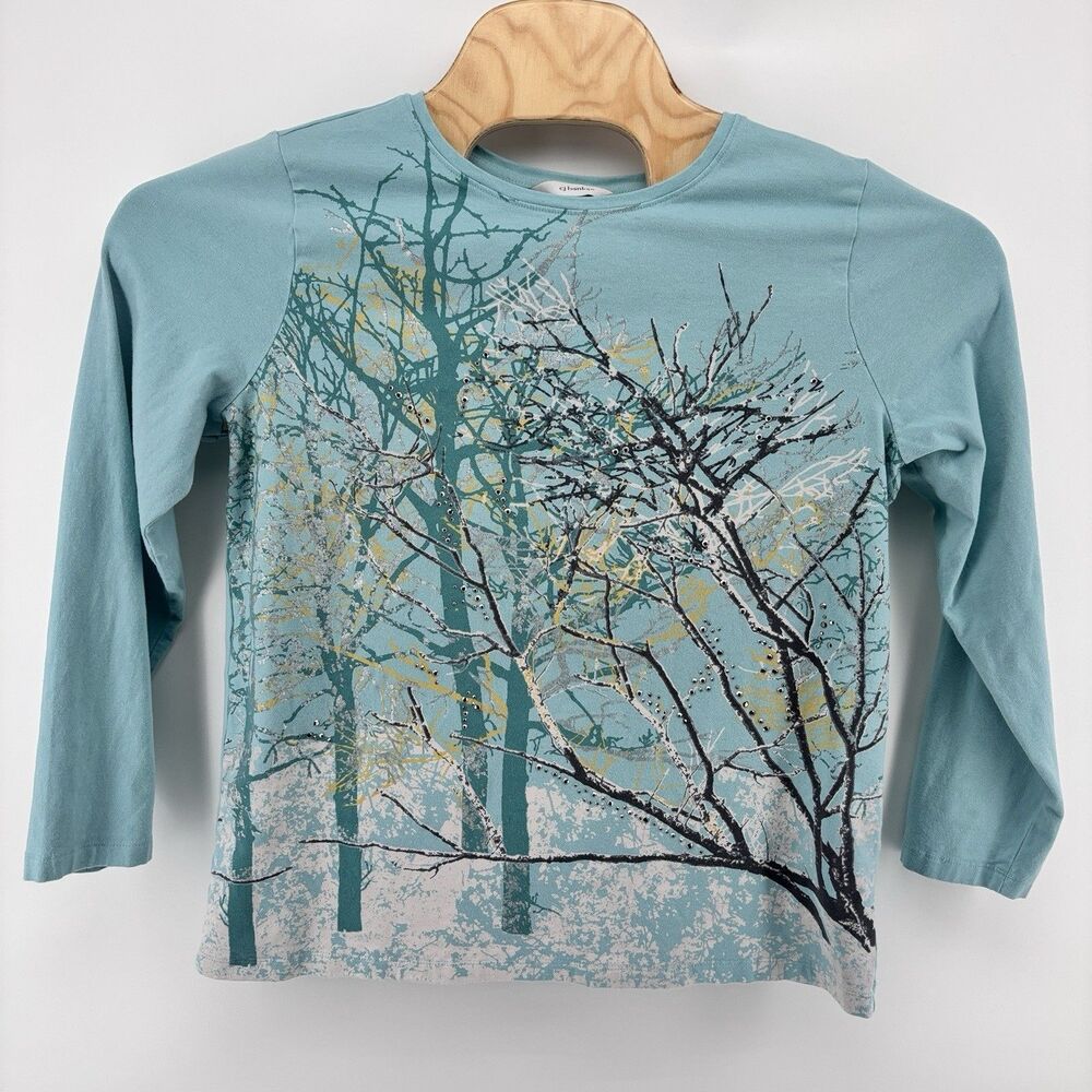 Christopher & Banks Women's X 14W Teal Tree Print Rhinestone Long Sleeve